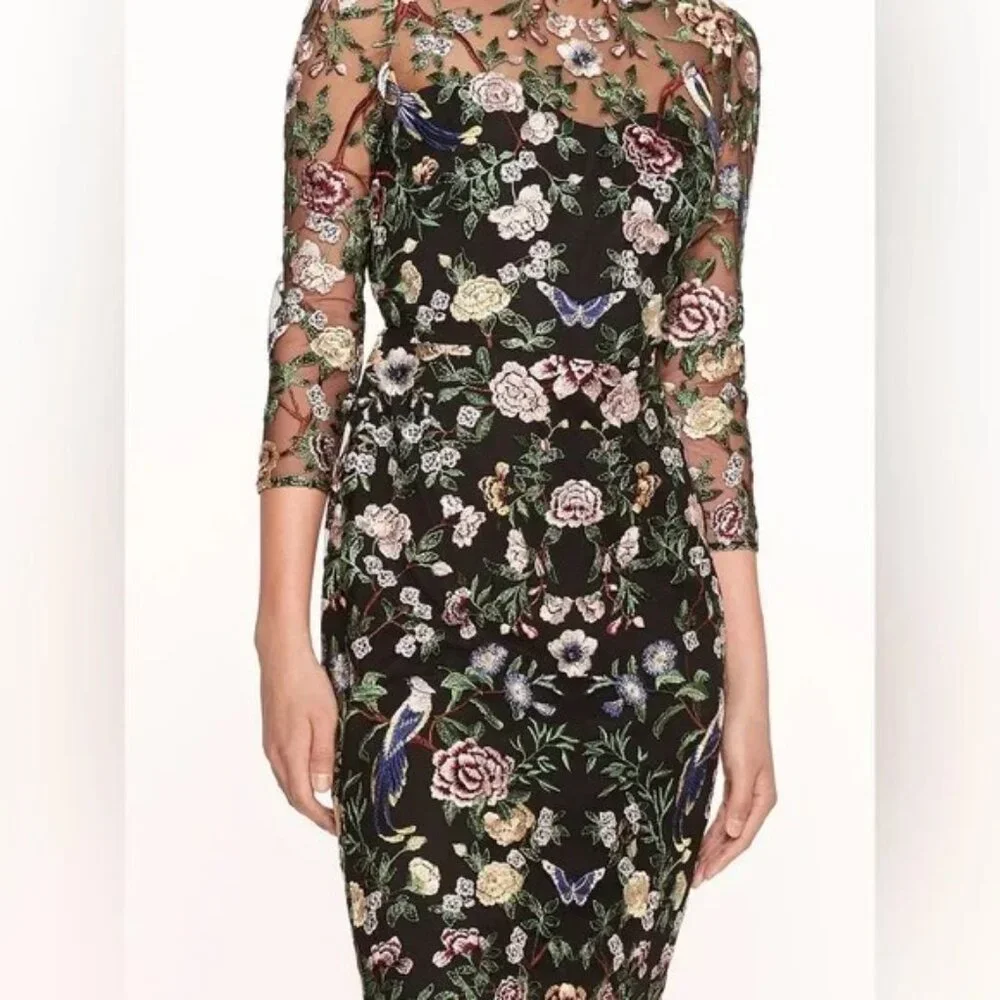 NWT Marchesa Notte Floral Embroidered On Tulle Midi Dress Size 10 - Picture 3 of 8
